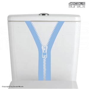 May include: A light blue zipper decal for a toilet tank. The decal is designed to look like a zipper that is pulled up.