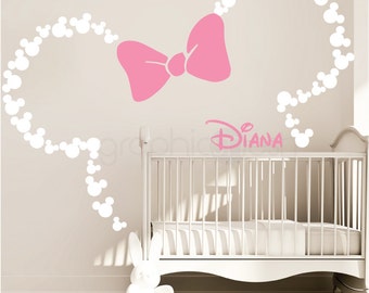 Mickey Mouse Inspired ears with Bow & PERSONALIZED BABY NAME / Minnie Mouse Inspired wall decals by GraphicsMesh (Medium)