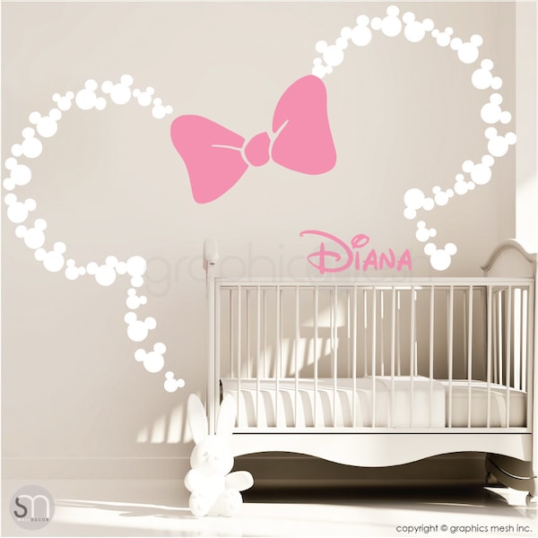 Mickey Mouse Inspired ears with Bow & PERSONALIZED BABY NAME / Minnie Mouse Inspired wall decals by GraphicsMesh (Medium)