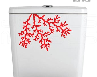 May include: Red coral branch decal for a toilet tank. The decal is in the shape of a coral branch with a white background.