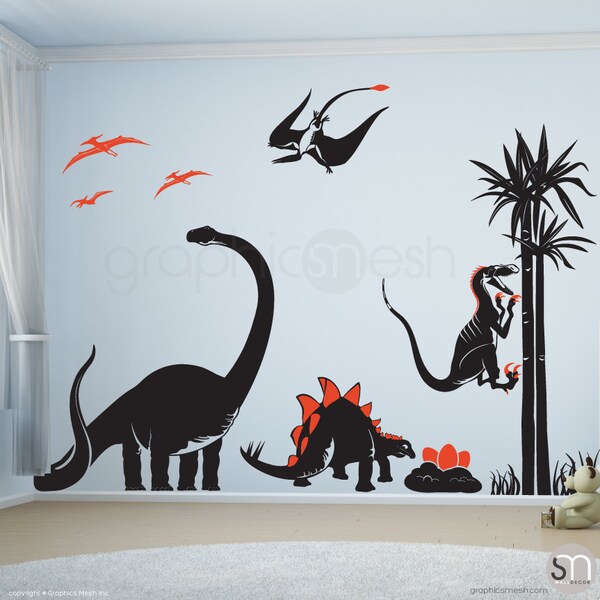 DINOSAUR ADVENTURE wall decals | dino's jungle world Boys & nursery decor |  T-Rex Dino Wall Stickers | Jurassic bedroom playroom wall decal