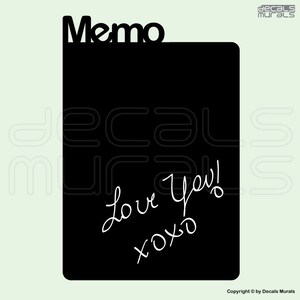 May include: Black memo board with the word "Memo" at the top. The words "Love You! xoxo" are written in white script on the board. The background is a light green color.