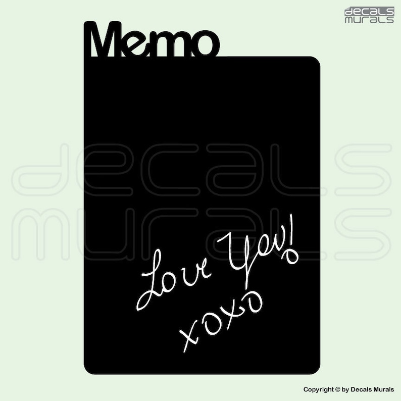 May include: Black memo board with the word "Memo" at the top. The words "Love You! xoxo" are written in white script on the board. The background is a light green color.