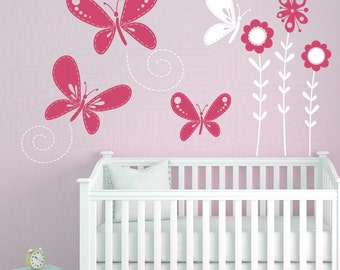 Wall decals STITCHED BUTTERFLIES & FLOWERS Surface graphics Interior decor by Decals Murals (Med)