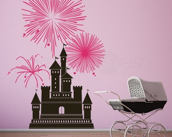 CASTLE WITH FIREWORKS wall decals - Girls nursery art decor decal (49x75)