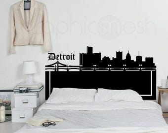 Detroit City Skyline Kopfteil Aufkleber - Minimalistisches Schlafzimmer Dekor - Wieder ablösbarer Wandaufkleber für Verleih, Airbnb, Schlafsäle, kleine Räume