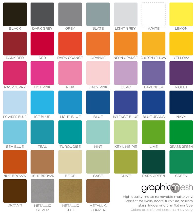 May include: A color chart with 48 different colors, including black, white, red, blue, green, yellow, orange, pink, brown, and grey. The chart is labeled with the name of each color.