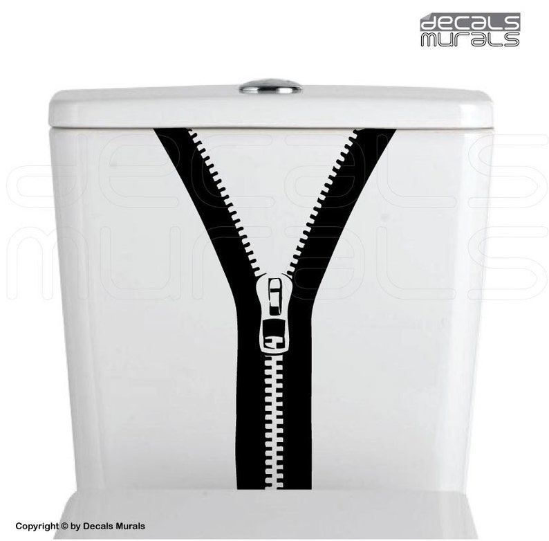 May include: A black and white zipper decal for a toilet tank. The zipper is open and the teeth are visible.