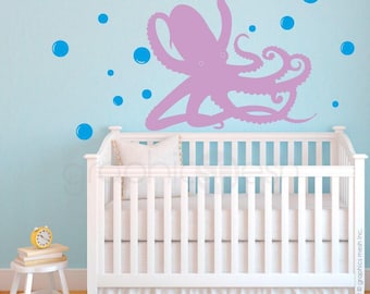 Wandtattoo Krake mit Blasen | Unter dem Meer Aufkleber fürs Kinderzimmer | Kinderzimmer Wasser Themenzimmer | Spielzimmer wiederablösbare Aufkleber | Maritim