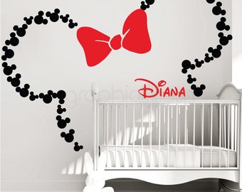 Minnie Mouse Wall decal - Mickey Mouse ears with Bow decal PERSONALIZED BABY NAME nursery wall decal (Large)