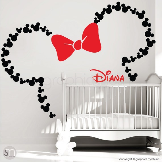 minnie mouse wall decal - mickey mouse ears with bow decal personalized  baby name nursery wall decal (large)