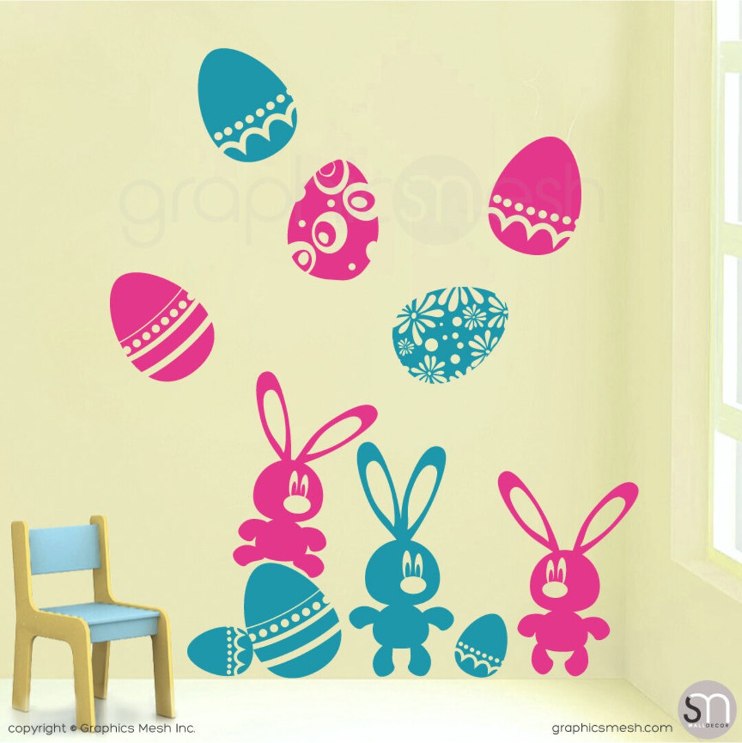 Easter Wall Decals EASTER BUNNIES & EGGS Holiday Set - Removable Art ...
