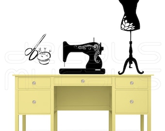 Wall decals SEWING ROOM decor - Sewing machine Mannequin art stickers by Decals Murals