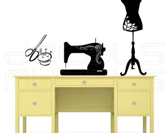 Sewing Room Wall Decals: Sewing Machine, Mannequin, Scissors Art Stickers