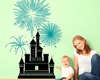 CASTLE WITH FIREWORKS wall decals - Girls nursery art decor decal (38x56)