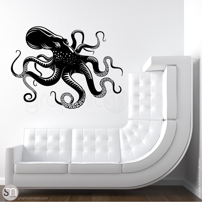 May include: Black and white silhouette of an octopus with eight tentacles. The octopus is facing left and has a large head with two eyes. The tentacles are curled and have a textured pattern.