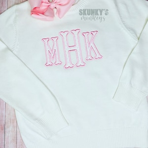 Girls Monogrammed Sweater,Personalized Embroidered Initial Sweatshirt, Baby First Birthday Outfit,toddler Christmas gift, Swiss Dot Applique