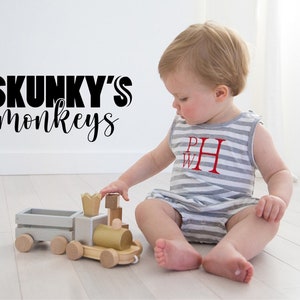 Baby boy bubble romper, Navy monogrammed bubble, personalized striped romper, baby boy monogrammed outfit