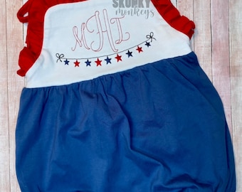 Red white and blue sunsuit, monogrammed bubble, personalized romper, Patriotic Oufit, baby outfit, 4th of July, Memorial Day