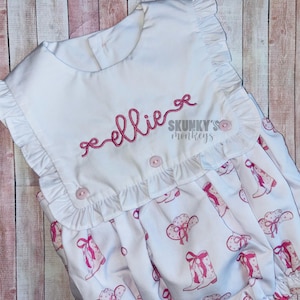Monogrammed Bishop Bubble, Sleeveless Bib, Girls Romper, Baby Girls Dress, Western outfit birthday first Rodeo cowgirl boots, sibling set