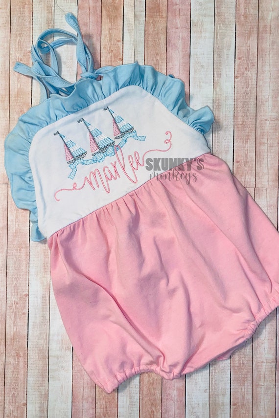 Pink and blue bubble romper, monogrammed bubble, personalized romper, girls first birthday, baby girls outfit, Sailboat Summer Outfit, Beach