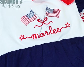 Baby Girls monogrammed bubble romper, personalized Sunsuit, Fourth of July Toddler outfit, American Flag Patriotic shirt, Summer outfit