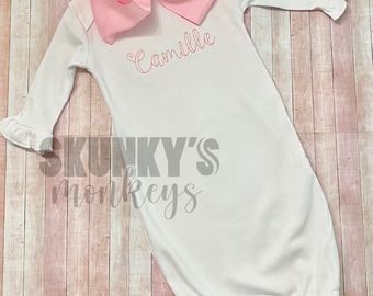 Monogrammed Baby Gown, Ruffle Sleeve Baby Girl Name Gown, Personalized Coming Home Outfit, Baby Shower Gift, Newborn Pictures, Birth Annouce