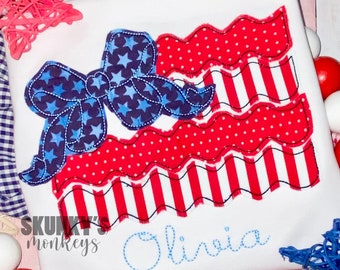 Girls American Flag Shirt, Girls Patriotic Shirt, Girls Embroidered Patriotic Shirt, Girls 4th of July Shirt,Flag with bow, Independence Day