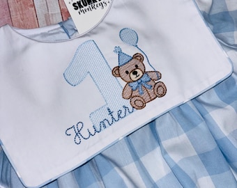 Monogrammed Baby Bubble, Boys Monogrammed Romper, Shower gift, Girl Seersucker Sunsuit, birthday Smocked Outfit, one, teddy bear