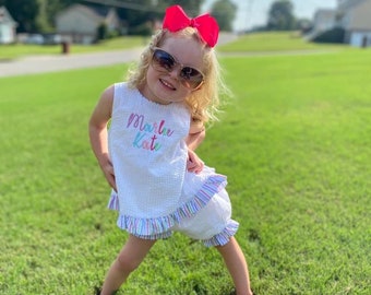 Girls Monogrammed Summer Outfit, Multicolor seersucker shirt set,Personalized Embroidered Spring Swing Back Set, Matching Sibling Outfit