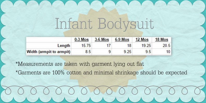 May include: A chart showing the size measurements in inches for infant bodysuits in sizes 0-3 months, 3-6 months, 6-9 months, 12 months, and 18 months. The measurements include length and width (armpit to armpit). The text below the chart states that measurements are taken with the garment lying flat and that the garments are 100% cotton with minimal shrinkage expected.