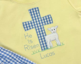 Boys Easter Shirt, He is Risen Outfit, Easter Cross Embroidery, Custom Personalized, Kids Religious Shirt