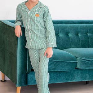 Monogrammed Childrens Christmas Pajamas, Girls Unisex, Sibling set, Parent, mom dad Matching family Jammies, Lounge pant set, green gingham