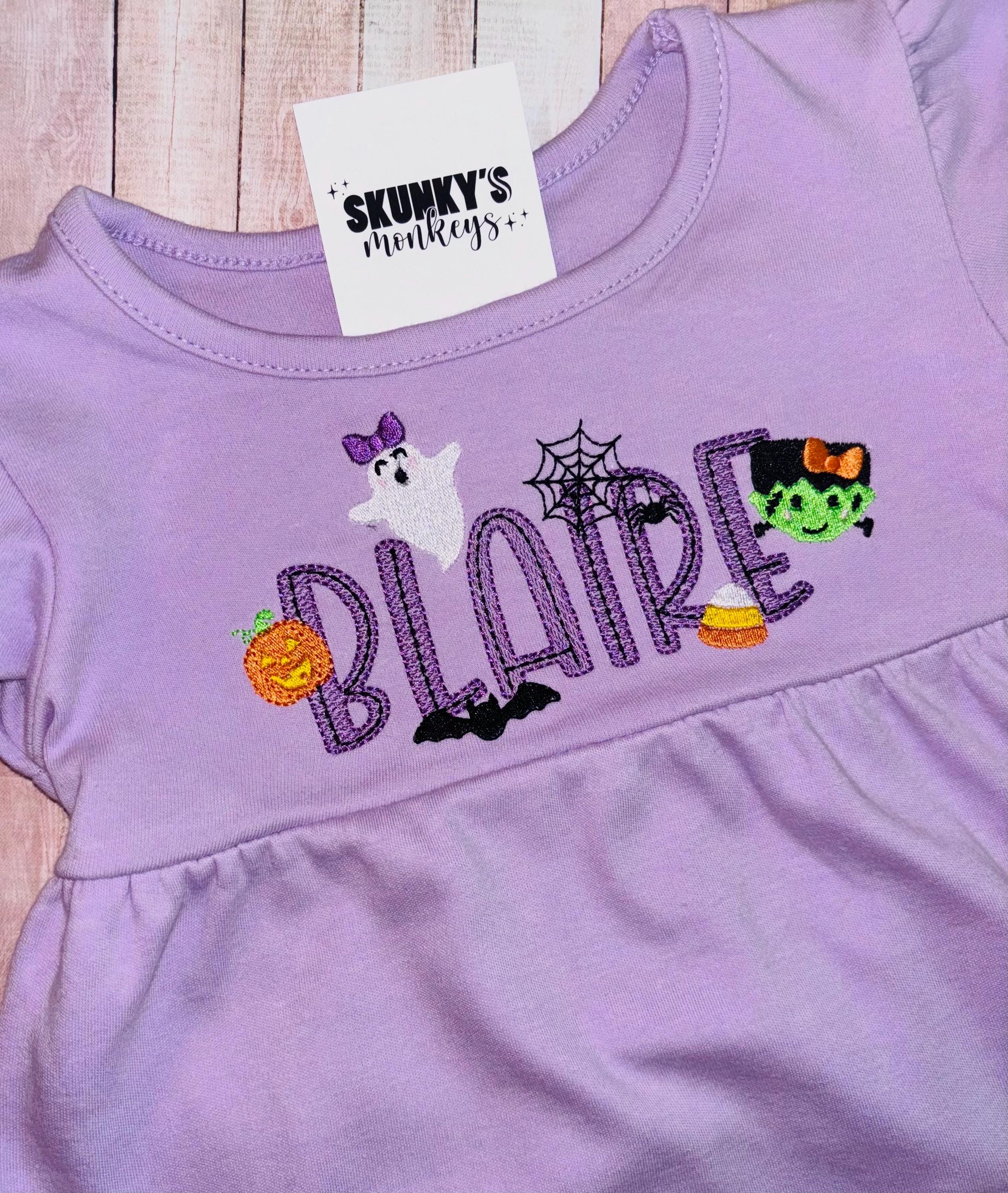 Girls Pumpkin Shirt, Girl Halloween Shirt, Baby Girl Fall Romper, Custom Halloween Dress, Personalized shirt, Embroidered Ghost Outfit
