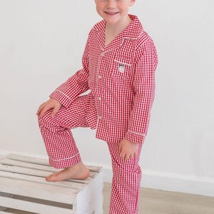 Monogrammed Childrens Christmas Pajamas, Girls Unisex, Sibling set, Parent, mom dad Matching family Jammies, Lounge pant set, red gingham