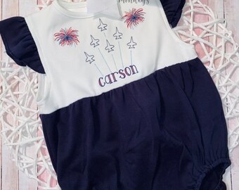 Baby Girls monogrammed bubble romper, personalized Sunsuit, Fourth of July Toddler outfit, American Flag Patriotic shirt, Summer outfit