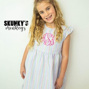 Girls Monogrammed Dress, Short Sleeve Seersucker Dress, Personalized Embroidered Dress, Matching Sibling Outfit
