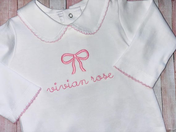 Baby Girl Outfit, Newborn Clothing, Coming Home Outfit, First Easter Outfit, Monogrammed Footie Romper with Collar, Pink Baby Shower Gift