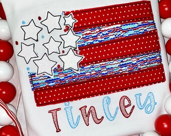 Girls American Flag Shirt, Girls Patriotic Shirt, Girls Embroidered Patriotic Shirt, Girls 4th of July Shirt,Flag with bow, independence day