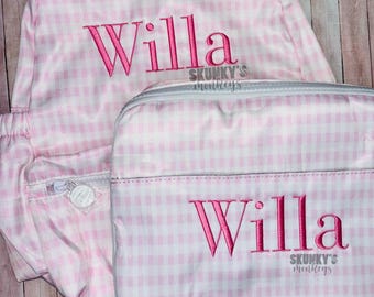 Monogrammed wipeable Nylon Backpack and matching lunchbox, Personalized Embroidered School Bag, Toddler, Girls, Boys, pink gingham