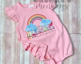 Girls bubble romper, Promise keeper rainbow appliqué bubble, personalized baby romper, girls first birthday, custom baby girls outfit