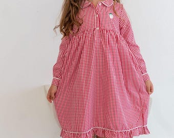 Monogrammed Childrens Christmas Pajamas, Girls Unisex, Sibling set, Parent, mom dad Matching family Jammies, Lounge dress gown, red gingham