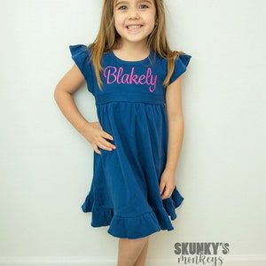 Girls Monogrammed Dress, Custom Embroidered Ruffle Dress, Summer Outfit, Baby Girls Beach Dress, Pink red navy ruffle neck, back to school