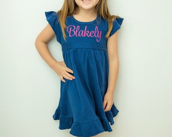 Girls Monogrammed Dress, Custom Embroidered Ruffle Dress, Summer Outfit, Baby Girls Beach Dress, Pink red navy ruffle neck, back to school