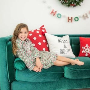 Monogrammed Childrens Christmas Pajamas, Girls Unisex, Sibling set Parent mom dad Matching family Jammies Lounge dress gown, red green plaid