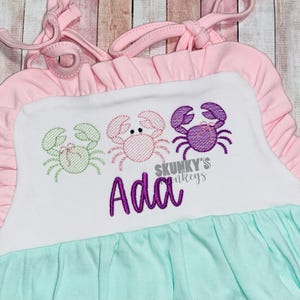 Pink and mint sunsuit, monogrammed crab bubble, personalized romper, girls first birthday, baby outfit, beach outfit, beach dress