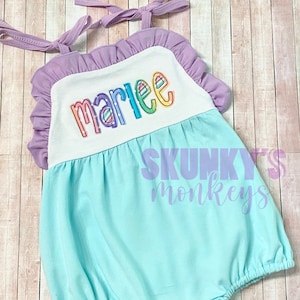 Purple and mint bubble romper, monogrammed bubble, personalized romper, girls first birthday, baby girls outfit, baby girl sunsuit with ties