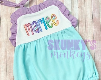 Purple and mint bubble romper, monogrammed bubble, personalized romper, girls first birthday, baby girls outfit, baby girl sunsuit with ties