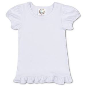 May include: White short-sleeved t-shirt with a ruffled hem. The shirt has a small tag with the text "BB Designs" on the front.