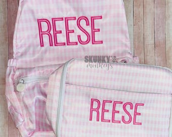 Monogrammed wipeable Nylon Backpack and matching lunchbox, Personalized Embroidered School Bag, Toddler, Girls, Boys, pink gingham